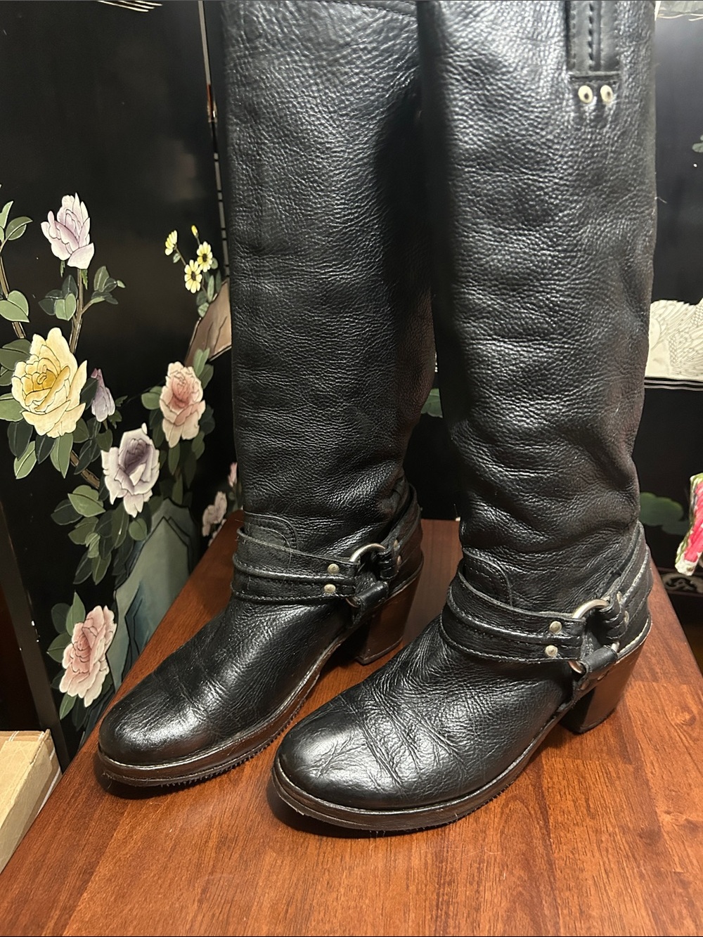 Frye Black Leather Harness Knee-High Heeled Boots